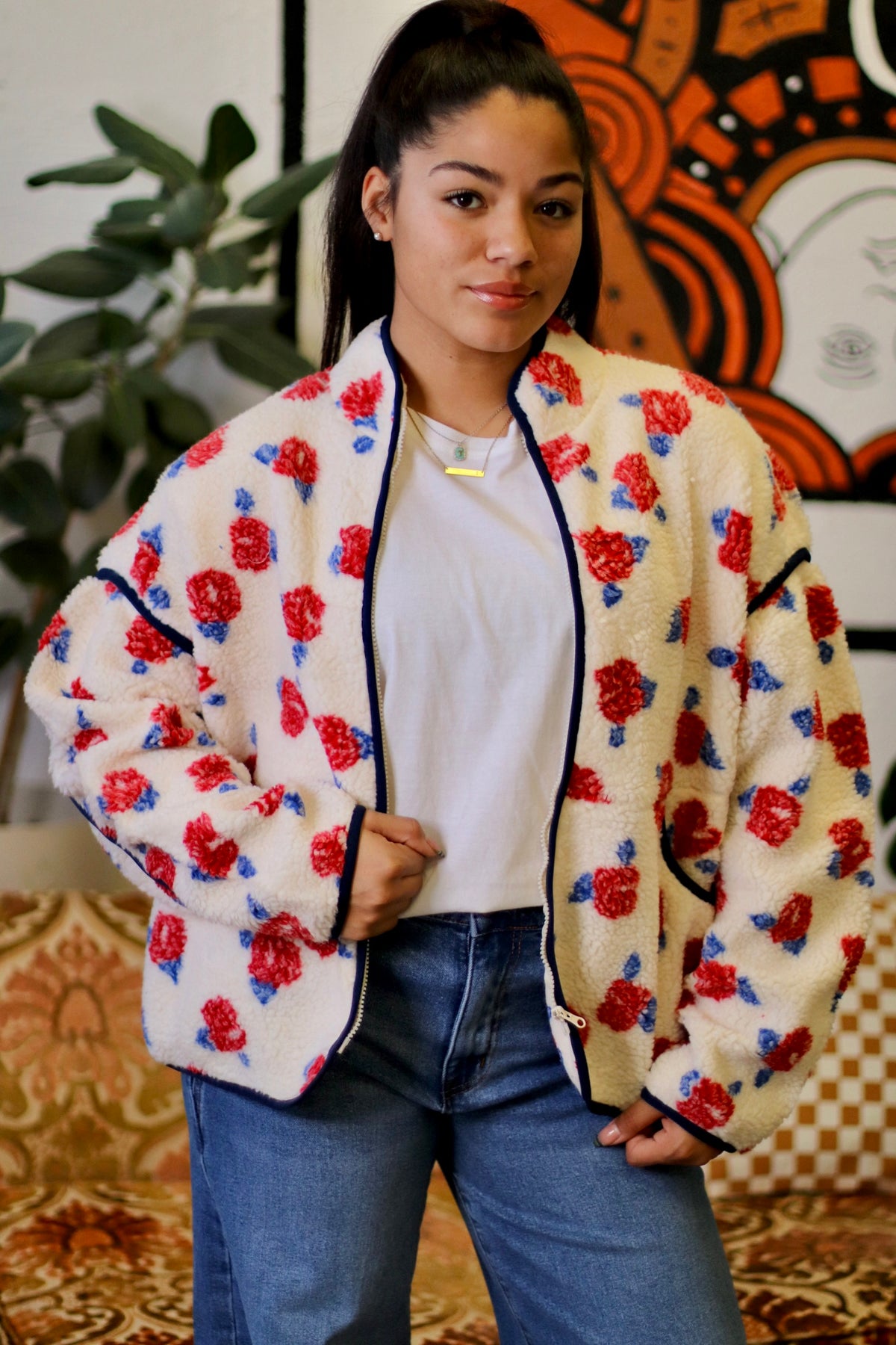 Ivory Floral Fleece Sherpa Jacket