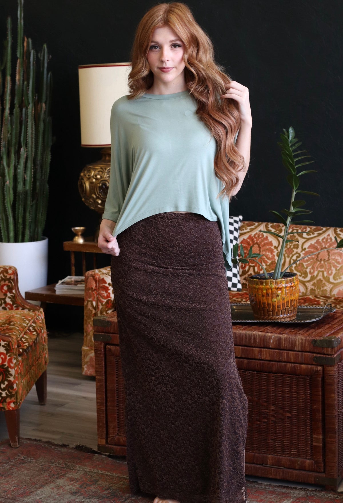 Gillian Velvet Lace Maxi Skirt in Chocolate