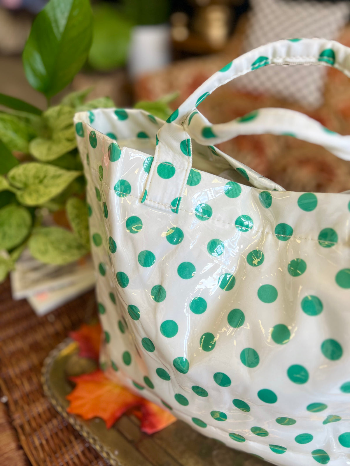 Polka Dot Tote Bag in Ivory & Green