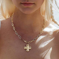Gold Hammered Chunky Chain Cross Necklace