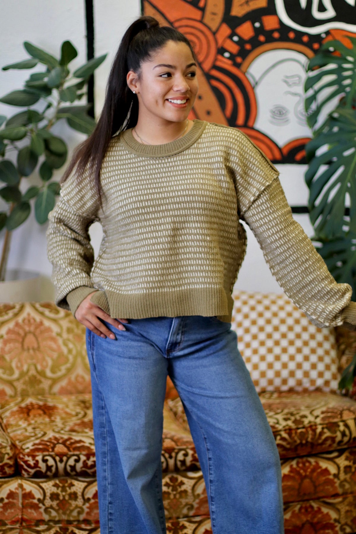 Olive Two Tone Textured Knit Casual Sweater Top