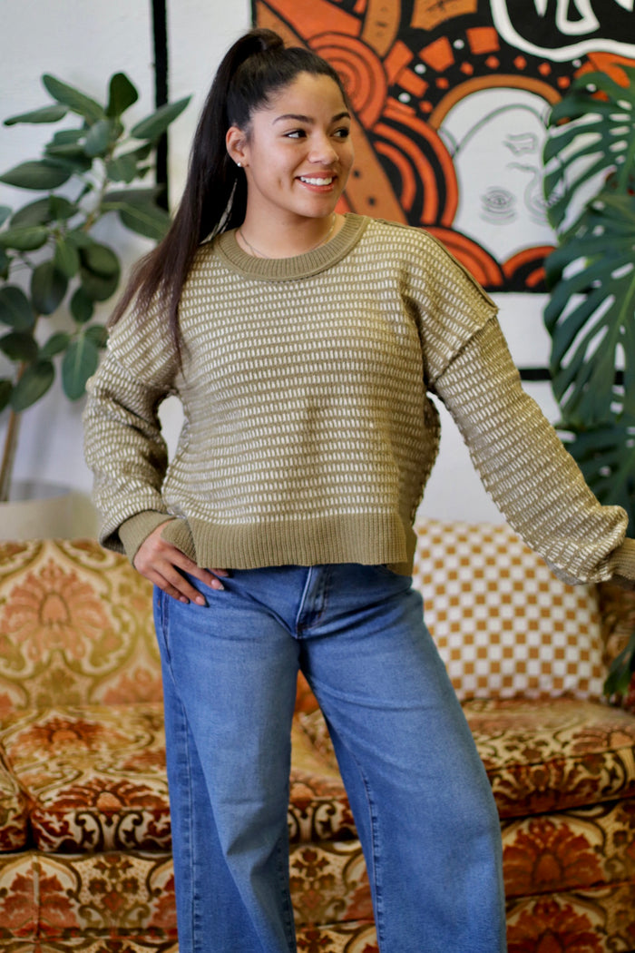 Olive Two Tone Textured Knit Casual Sweater Top