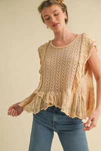Oversized Pointelle Flutter Sleeve Top