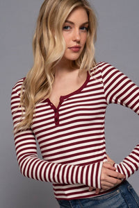 Red Striped Henley Long Sleeve Top