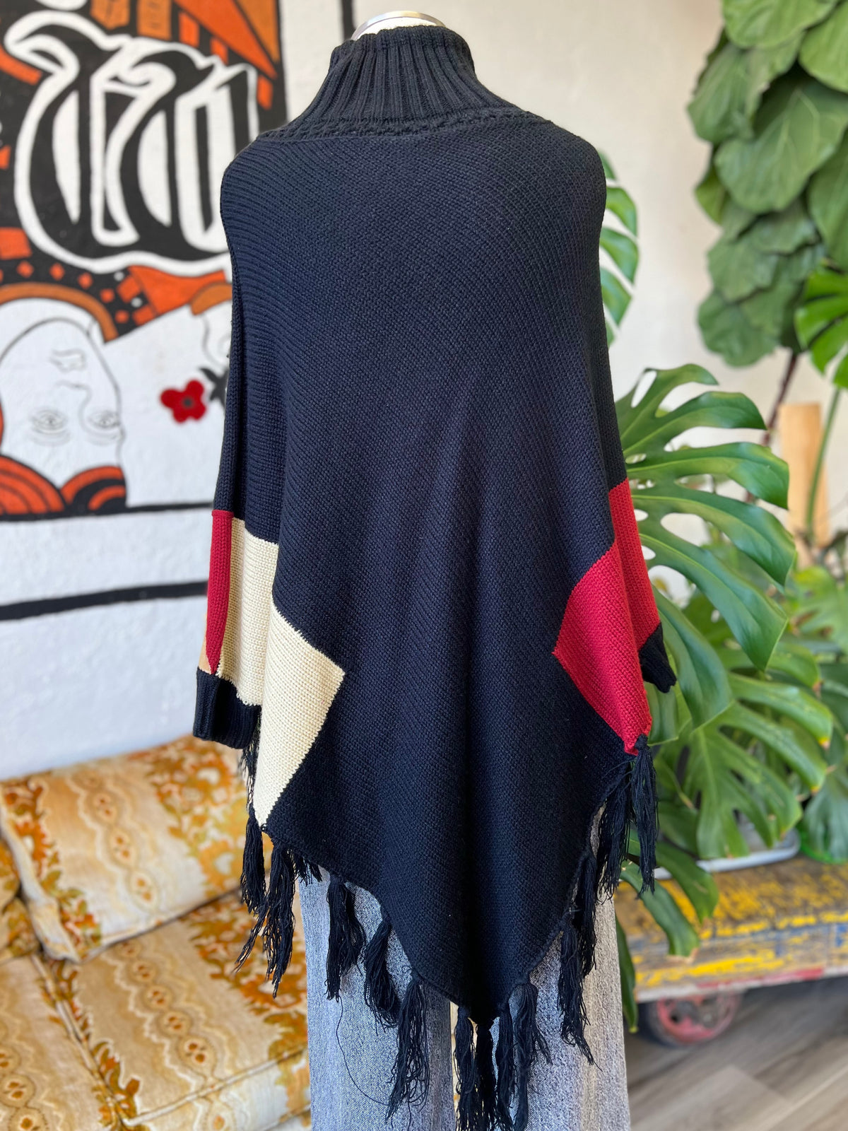 Vault Vintage | Black Fringe Poncho Large