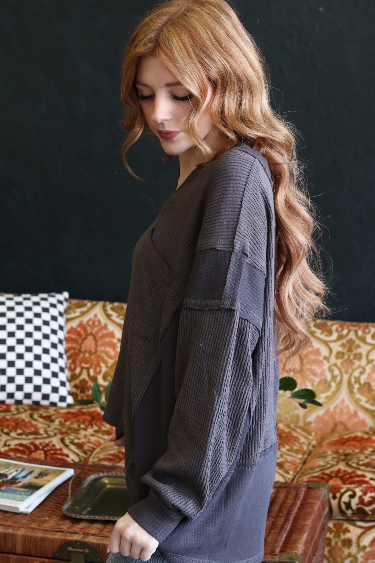 Juliette Charcoal V neck Long Sleeve