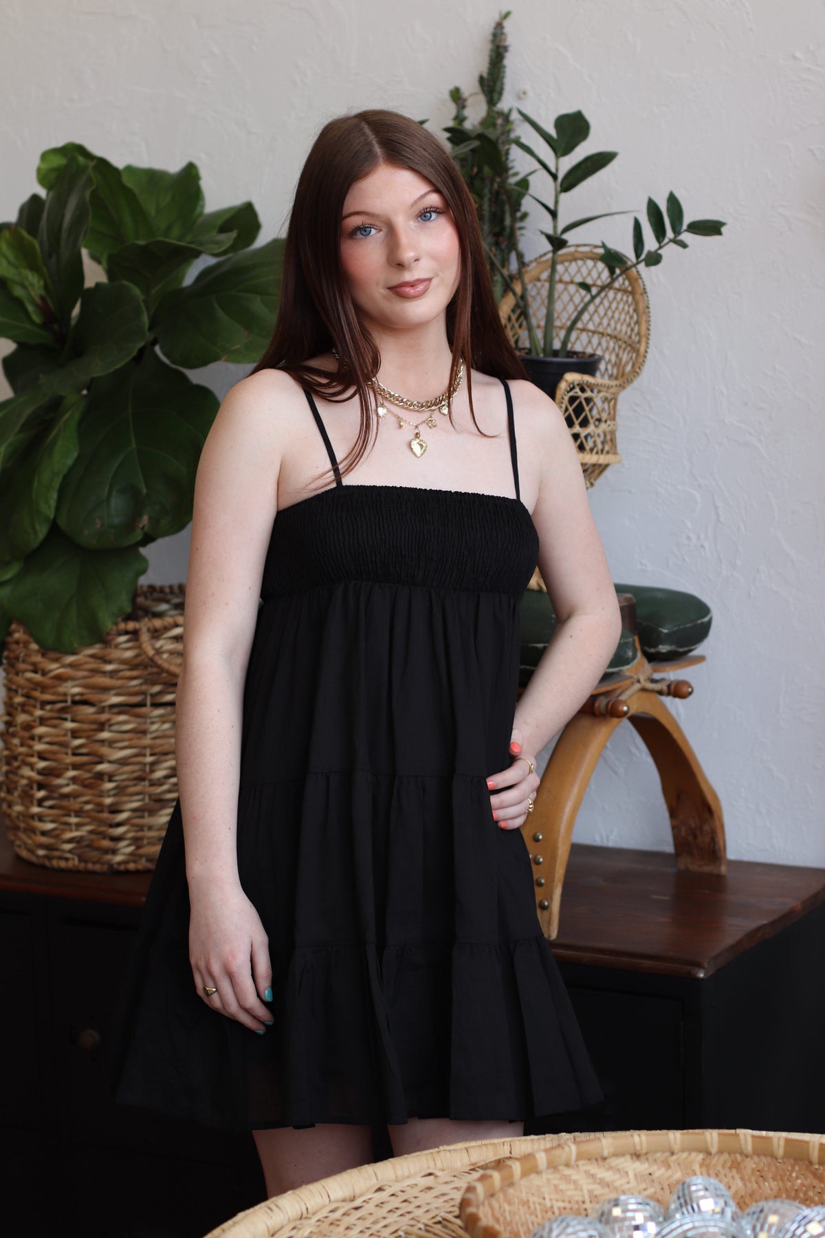Cotton Smocked Tiered Mini Dress in Black