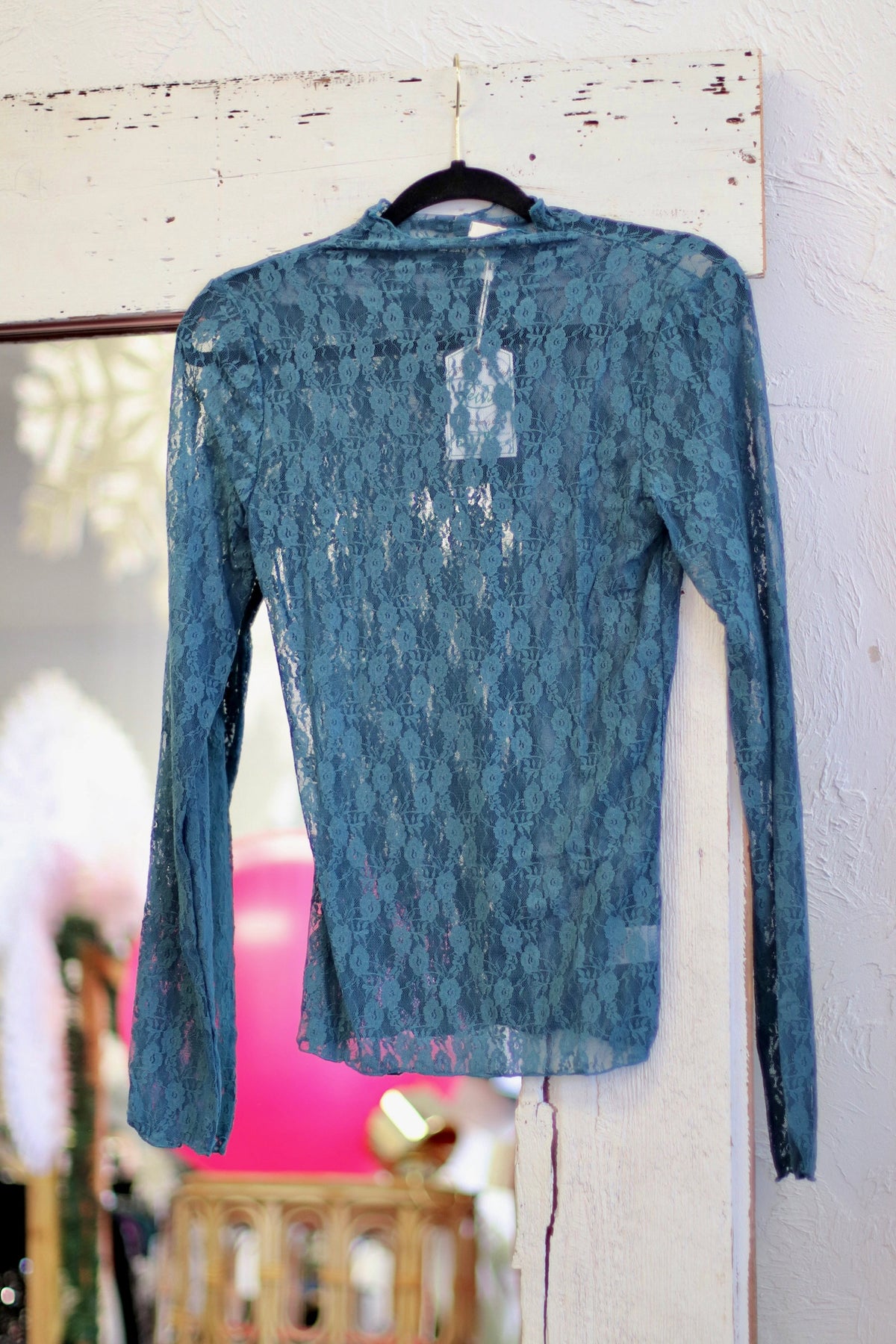 High Neck Fitted Sheer Mesh Lace Knit Top in Blue