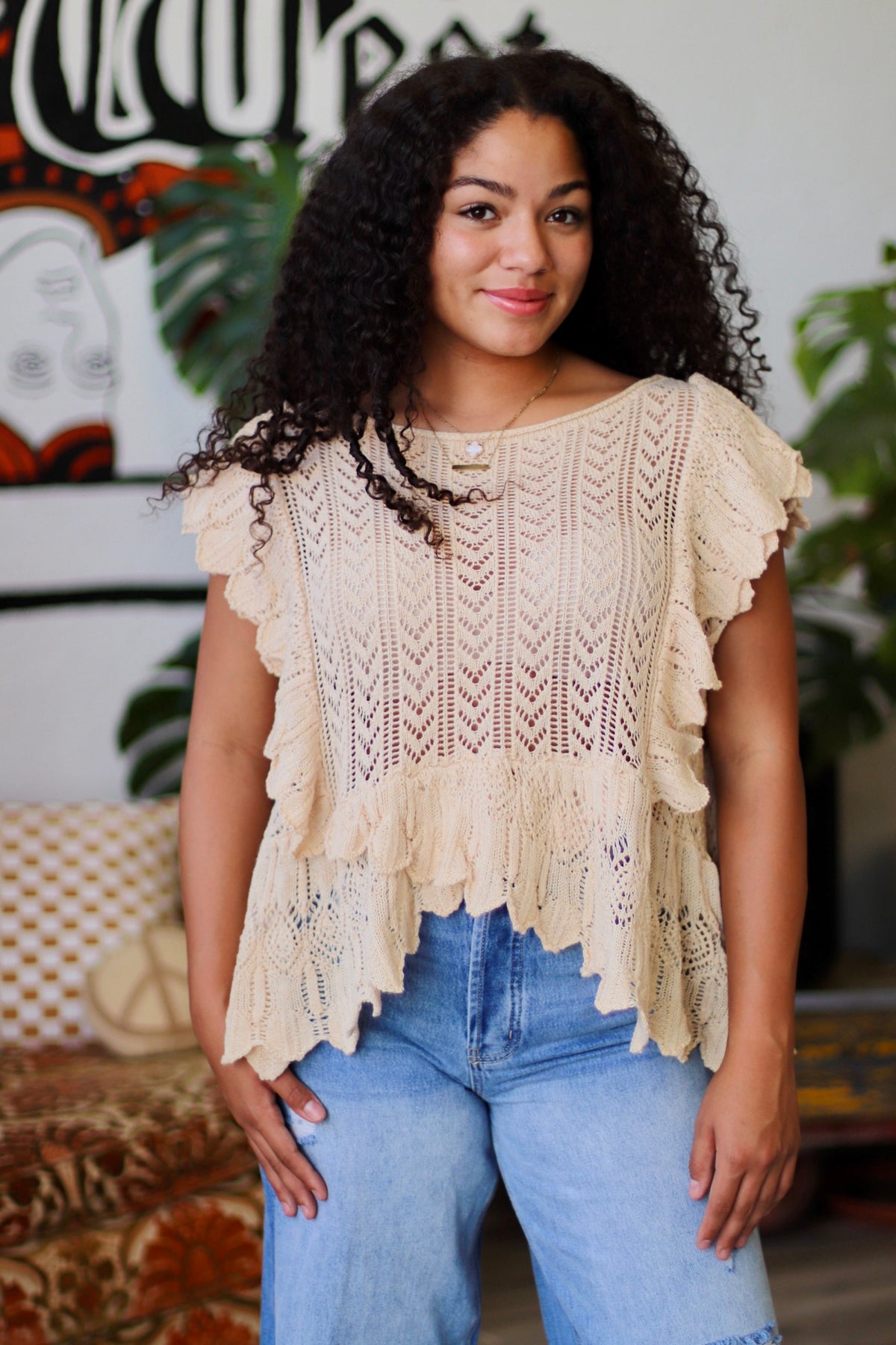 Oversized Pointelle Flutter Sleeve Top