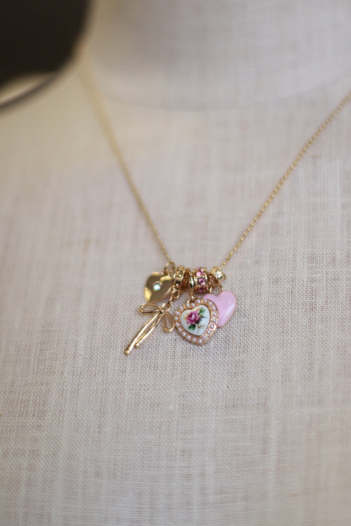Girly Pop Heart & Bow Charm Necklace