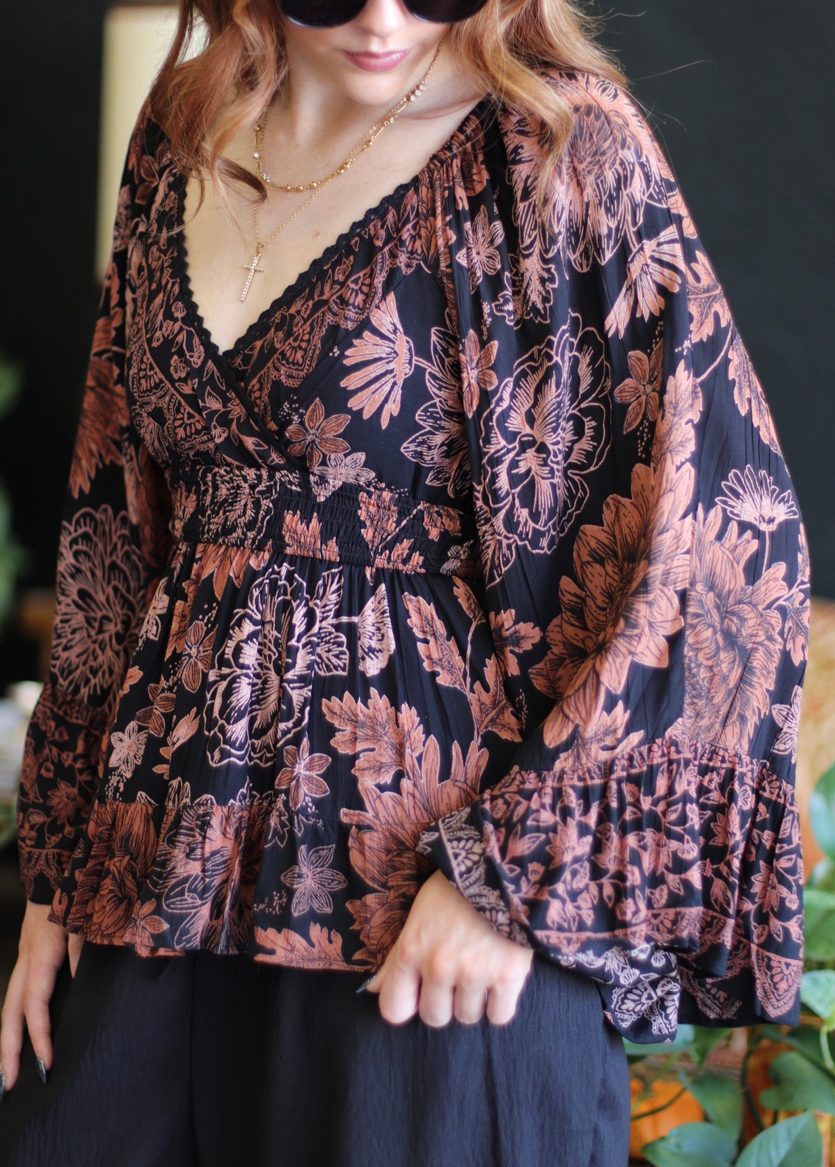 Hannah Black Floral Flowy Bell Sleeve Top