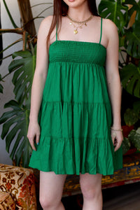 Cotton Smocked Tiered Mini Dress in Green