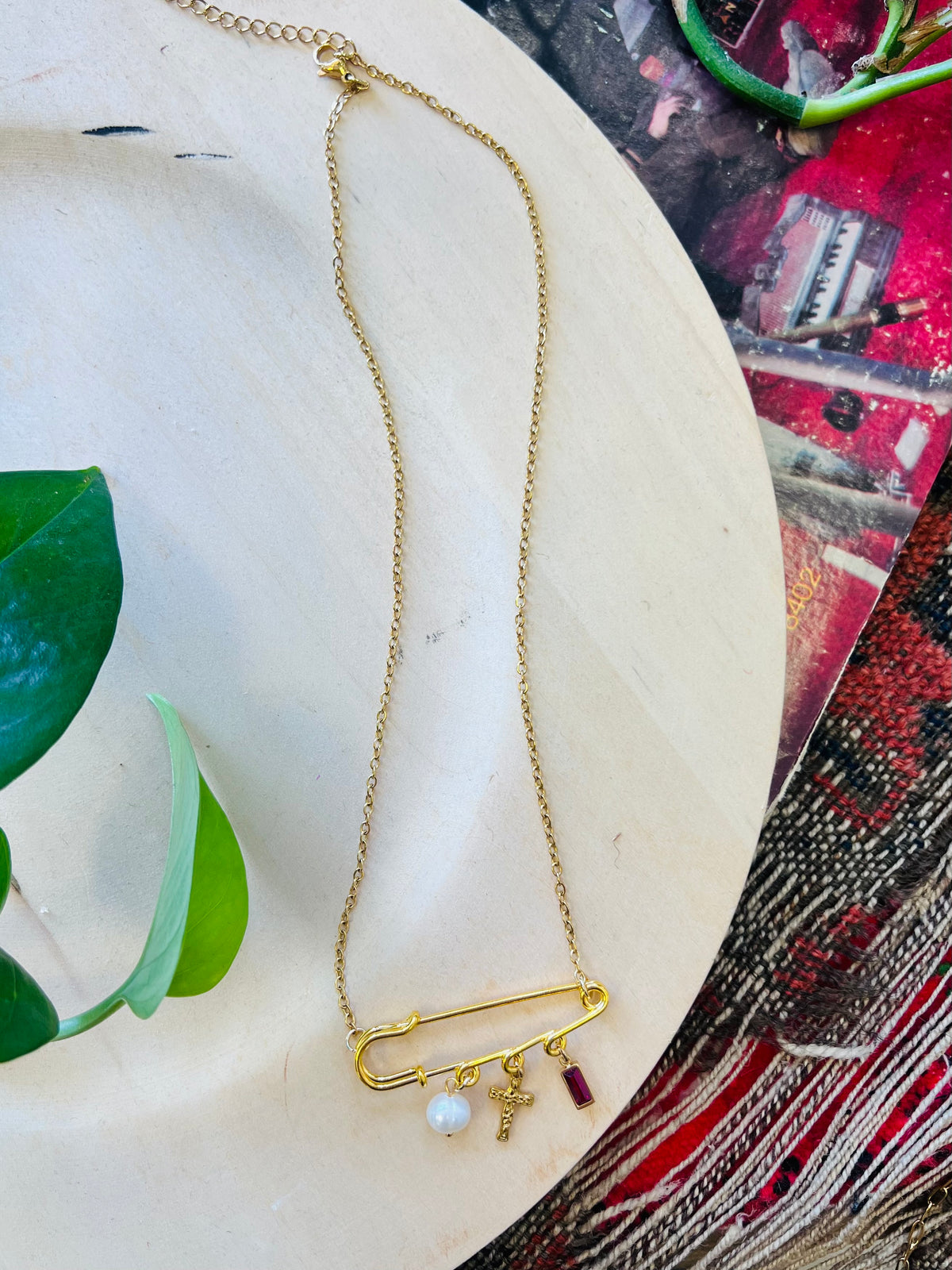 Pearl & Cross Safety Pin 18K GP S.Steel Necklace