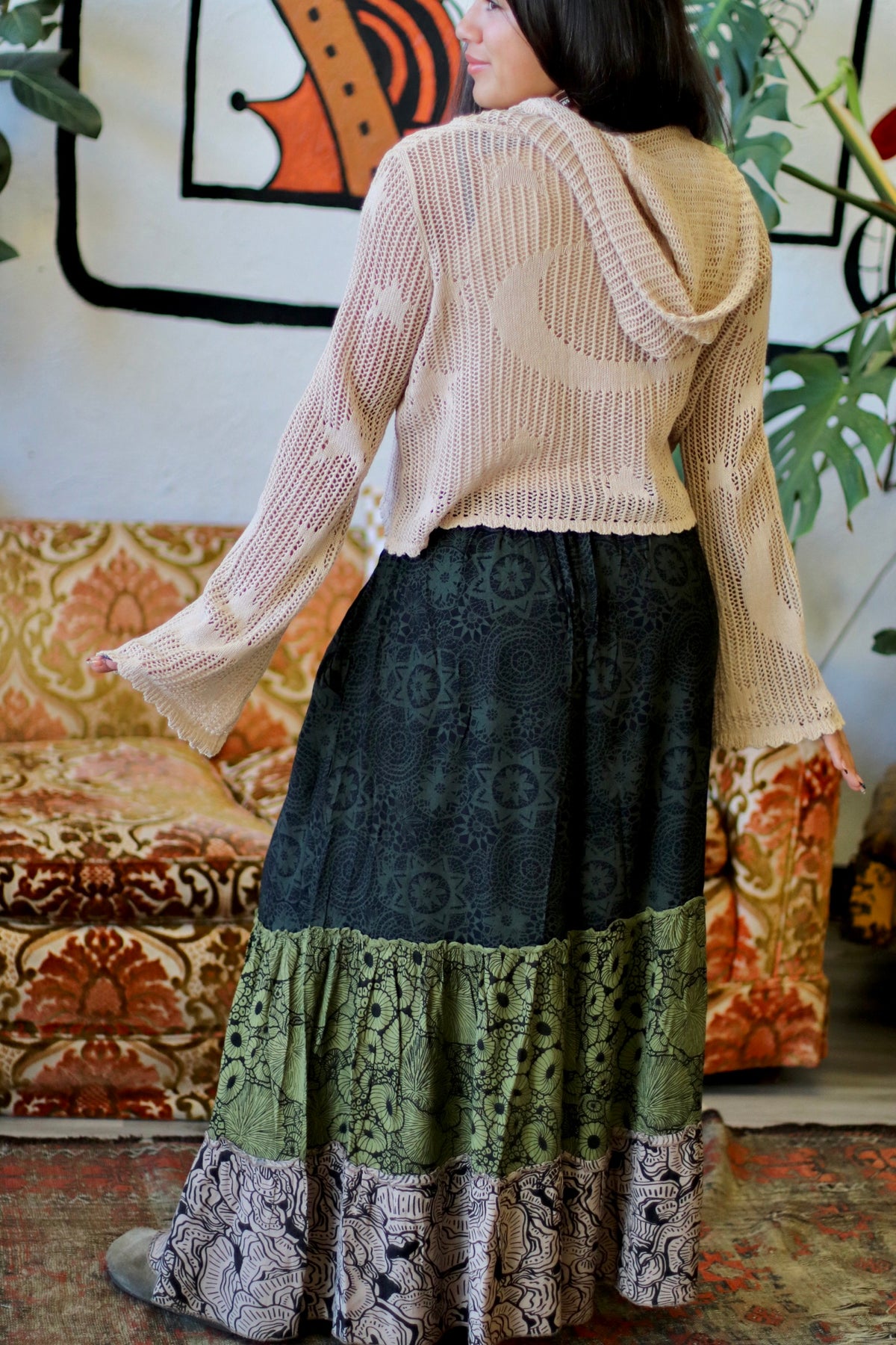 Tiered Mix Print Maxi Skirt in Green