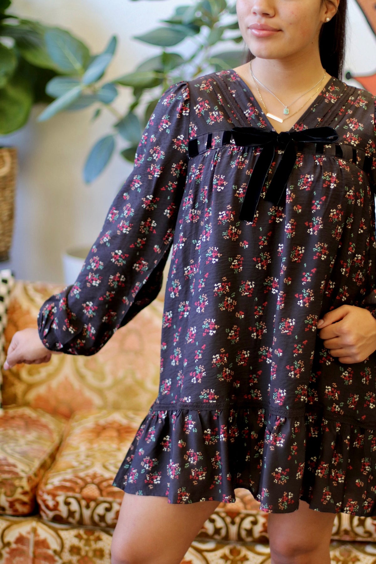 Black Floral Printed Front Bow Mini Dress