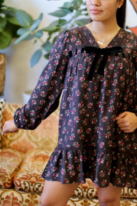 Black Floral Printed Front Bow Mini Dress