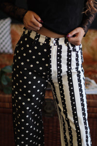 Split Personality Polka Dot & Striped Wide Leg Pants in Black