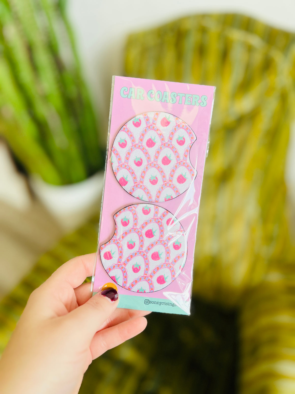 Pink Strawberry Pattern Car Coaster Set of 2