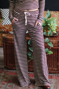 Brown Striped Ribbed Knit Long Sleeve Top & Pants Set