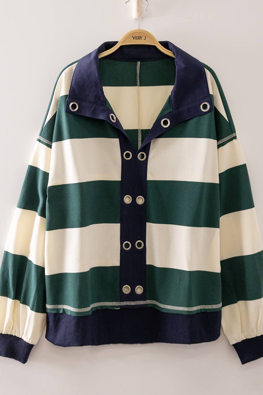 Saltburn Green Striped Collared Long Sleeve