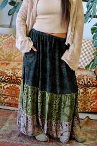 Tiered Mix Print Maxi Skirt in Green