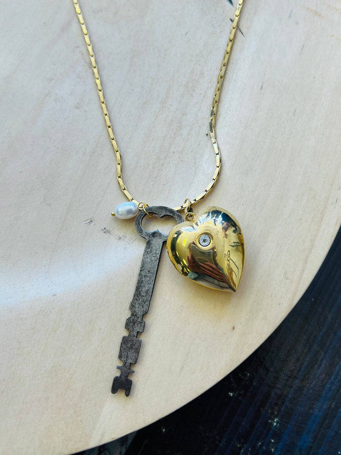 Puffy Vintage Heart Locket & Key Necklace