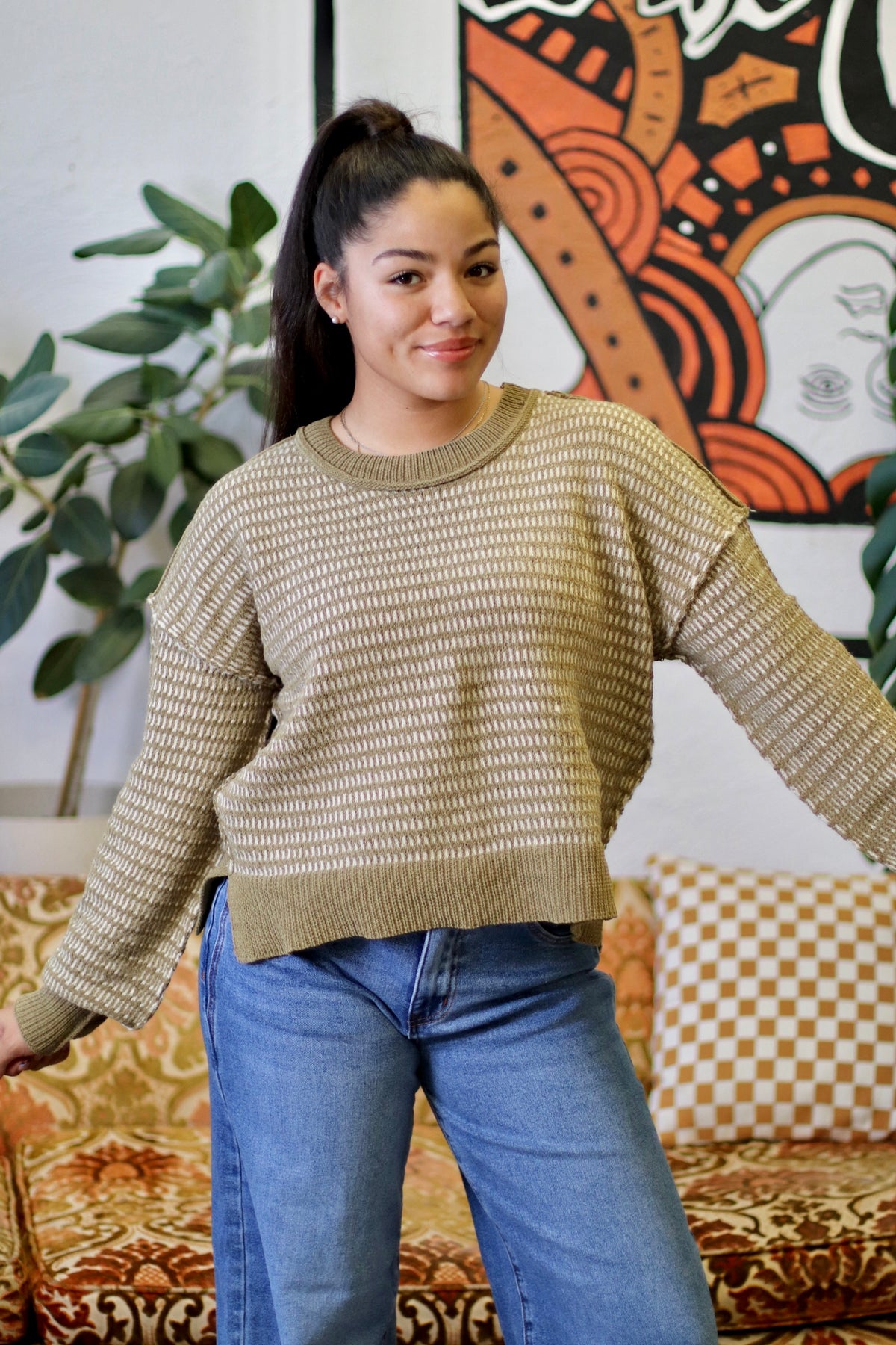 Olive Two Tone Textured Knit Casual Sweater Top