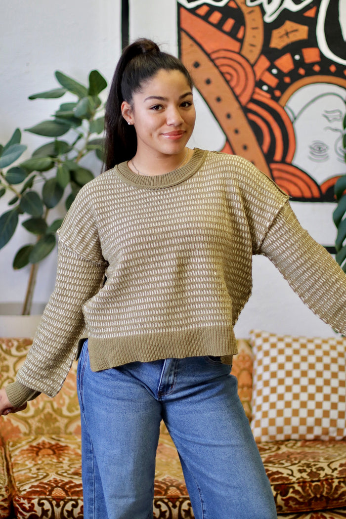 Olive Two Tone Textured Knit Casual Sweater Top
