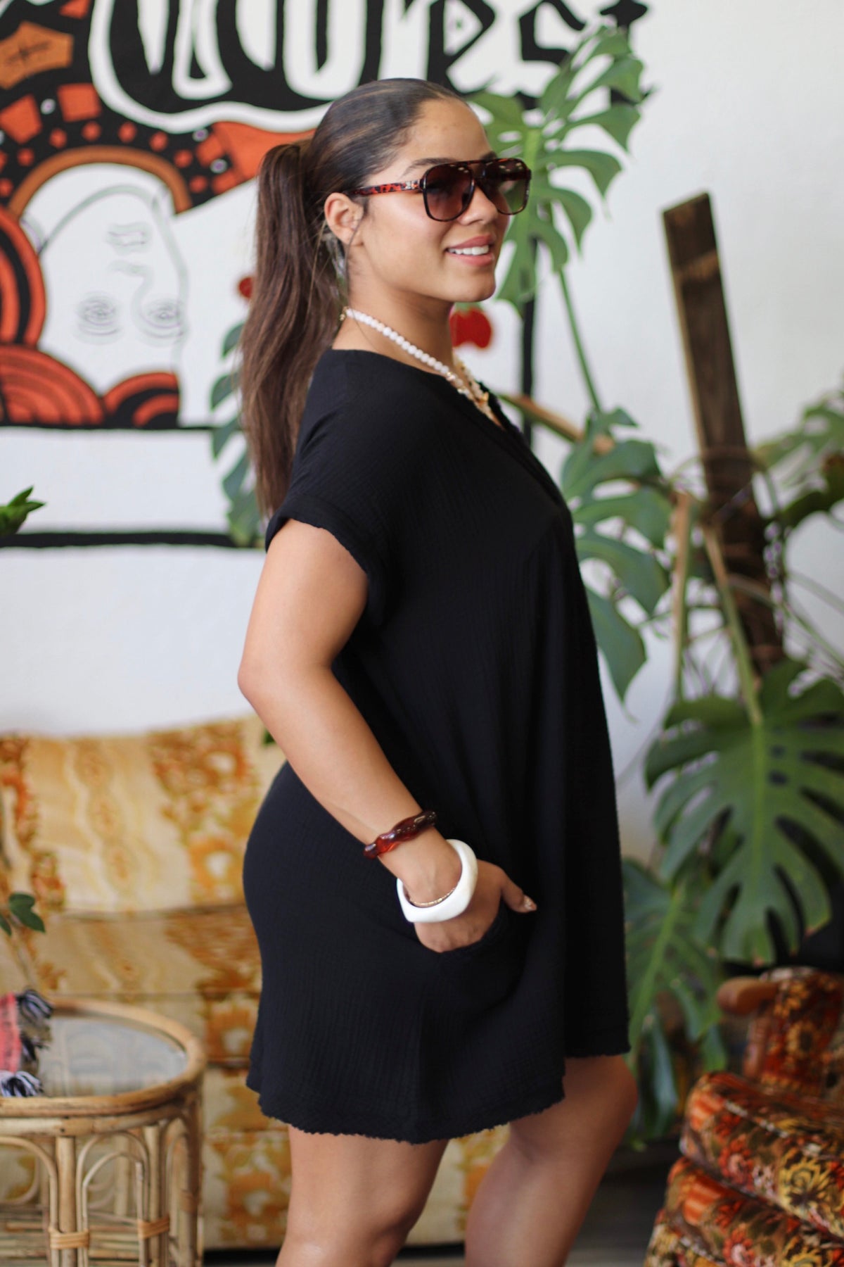 Breeze V Neck Black Mini Dress