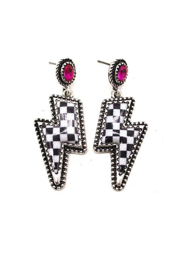 CHECKER THUNDER BOLT DANGLE EARRINGS: TURQUOISE