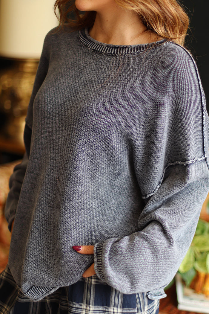 Felicity Drop Sleeve Raw Edge Crewneck in Navy
