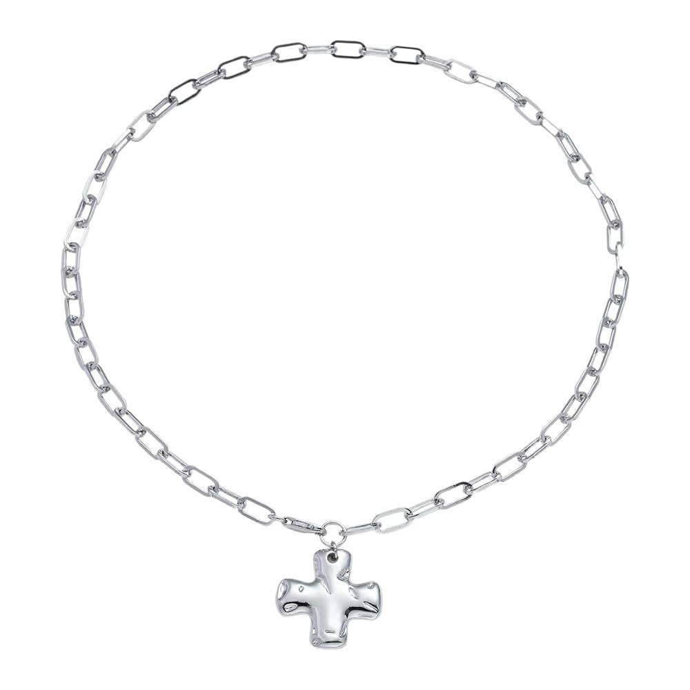 Silver Hammered Chunky Chain Cross Necklace