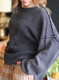 Felicity Oversized Drop Sleeve Raw Edge Crewneck in Charcoal