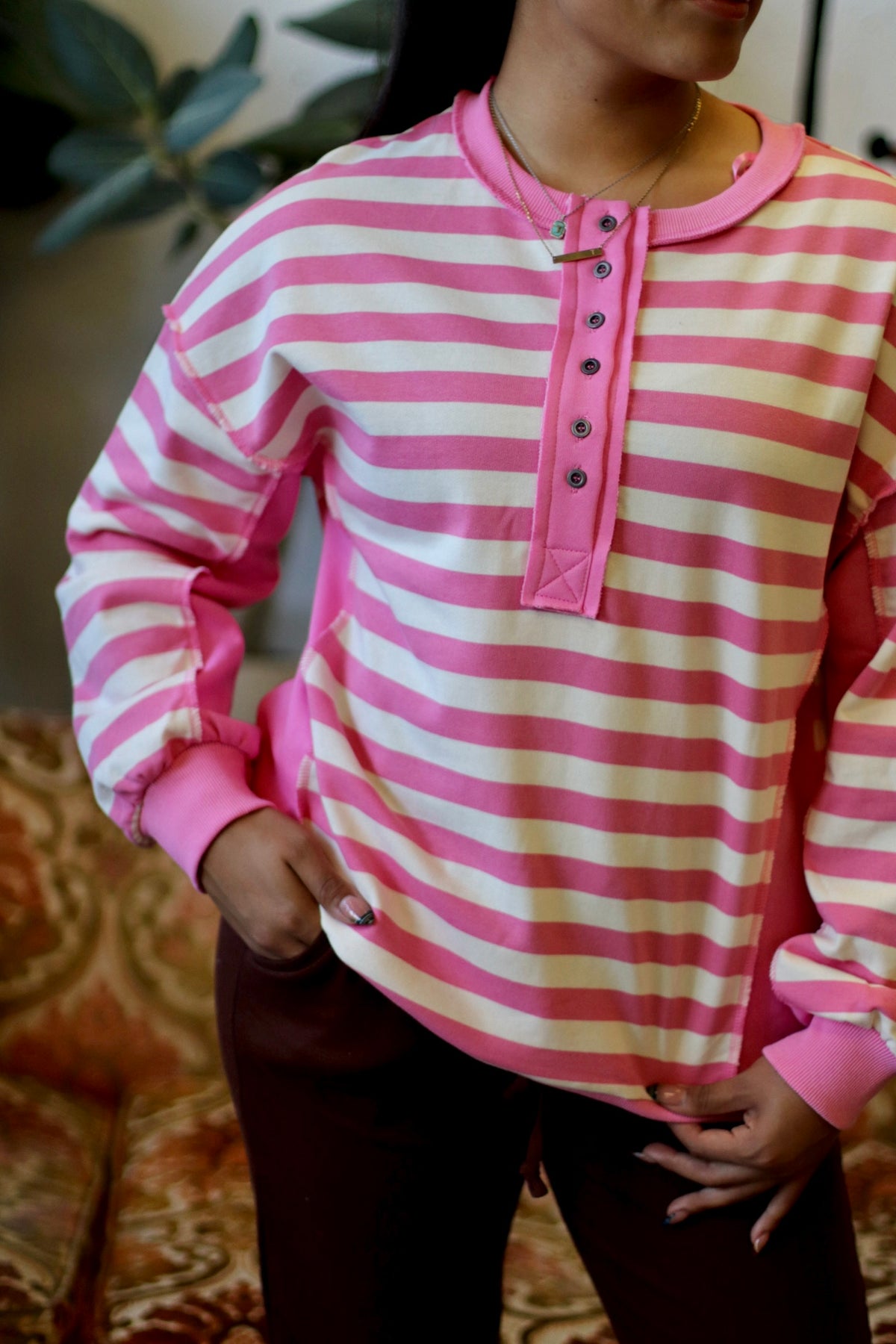 Pink Striped Half Button Down Top