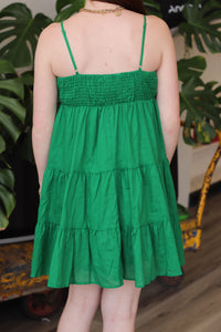 Cotton Smocked Tiered Mini Dress in Green
