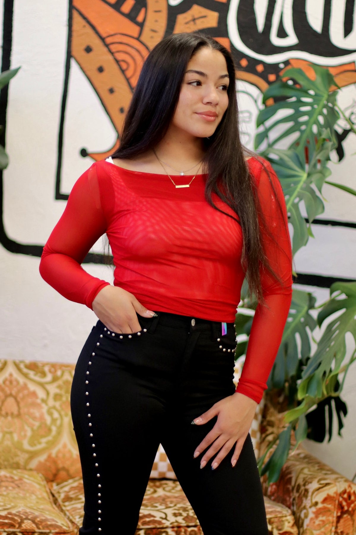 Mesh Long Sleeve Layering Top in Red