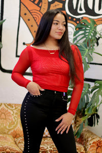 Mesh Long Sleeve Layering Top in Red