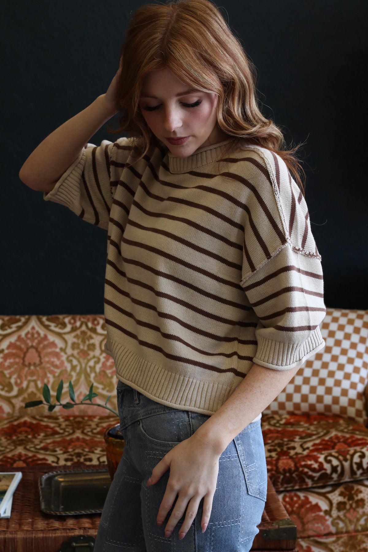 Oat Short Sleeve Striped Knit Top