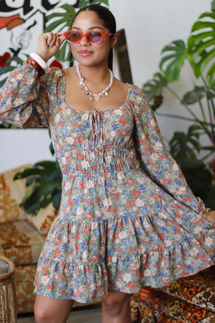 Peasant Long Sleeve Mini Dress Sage Floral