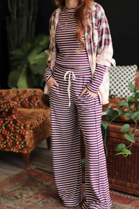 Plum Striped Ribbed Knit Long Sleeve Top & Pants Set