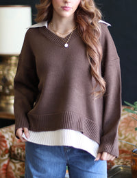 Veronica Collared V-Neck Sweater + Brown