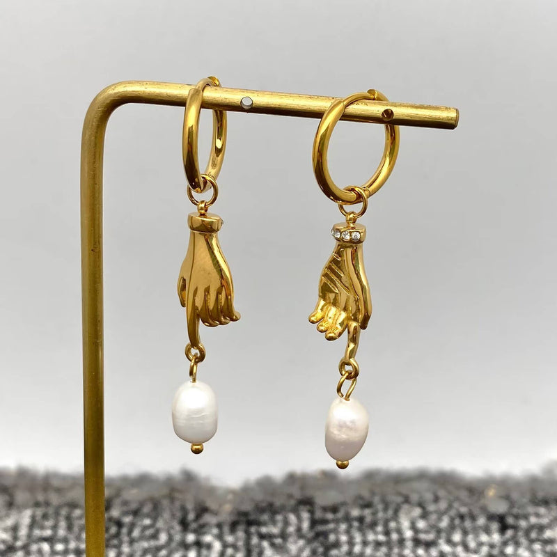 Pearl & Hand 18K Gold Plated Earrings