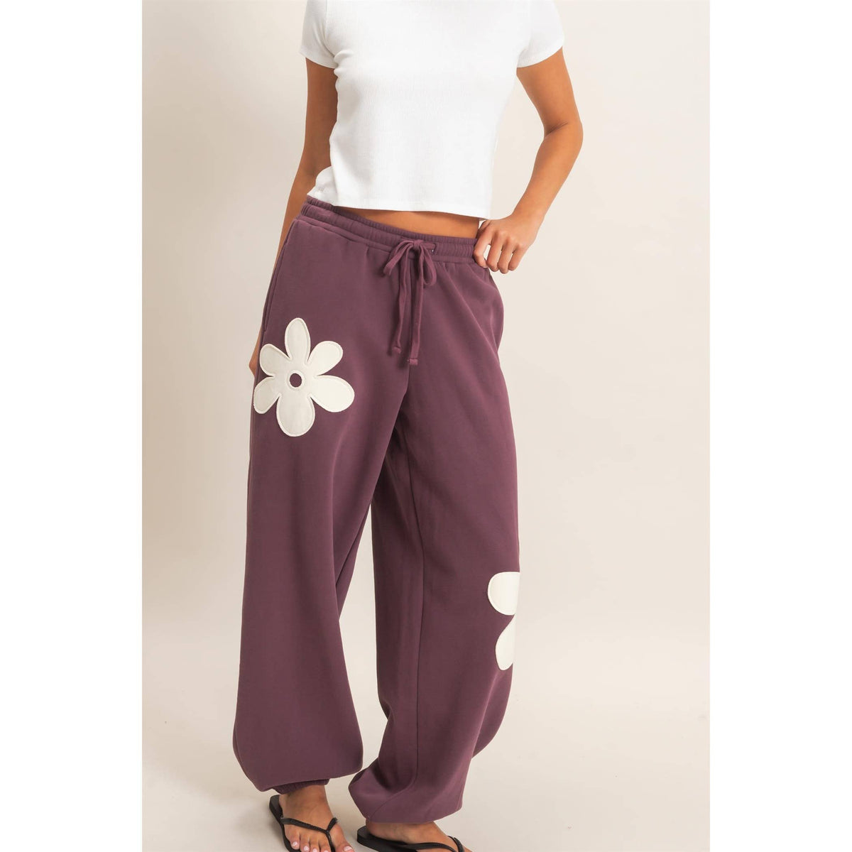 Plum Floral Applique Drawstring Jogger Pants