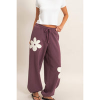 Plum Floral Applique Drawstring Jogger Pants