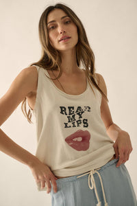 Read My Lips Raw-Edge Scoop-Neck Graphic Tank Top