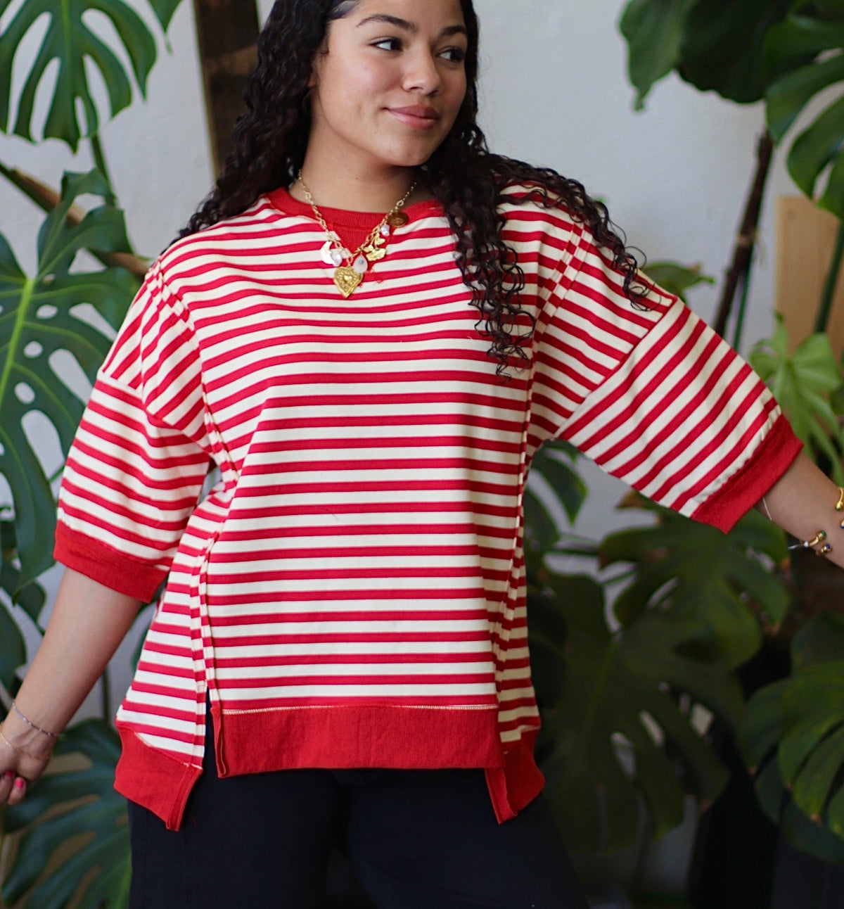 Molly Oversized Stripe Casual Knit Top + Red