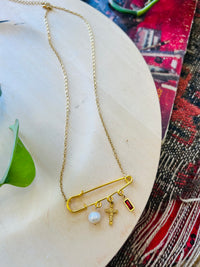 Pearl & Cross Safety Pin 18K GP S.Steel Necklace