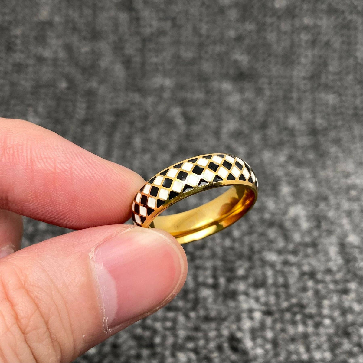 B&W Checkered 18K Gold Plated SS Ring