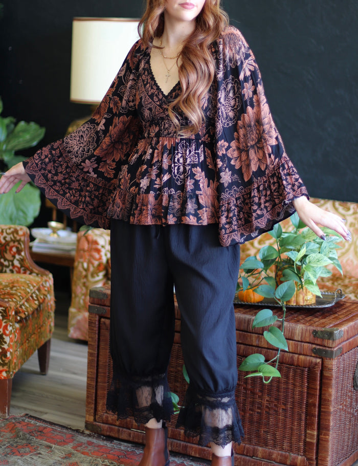 Hannah Black Floral Flowy Bell Sleeve Top