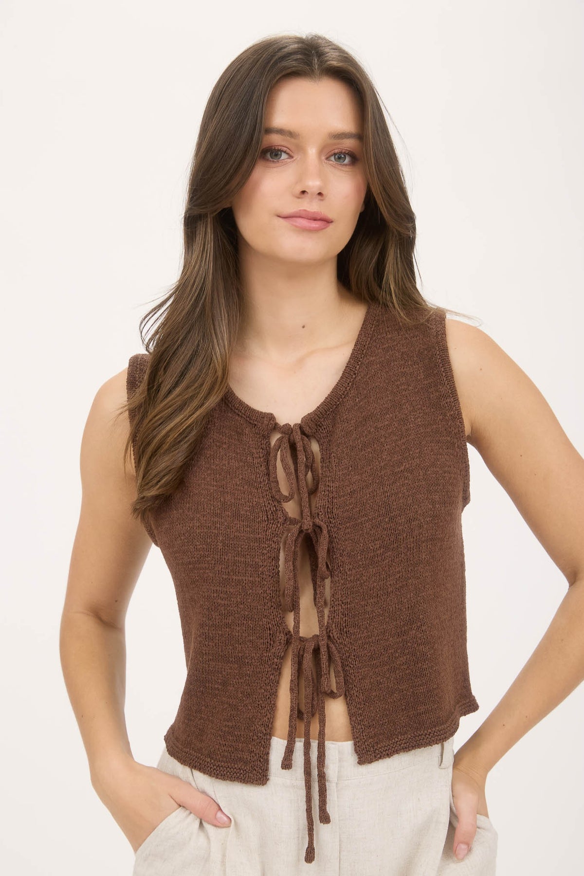 Macy Front Tie Vest in Brown